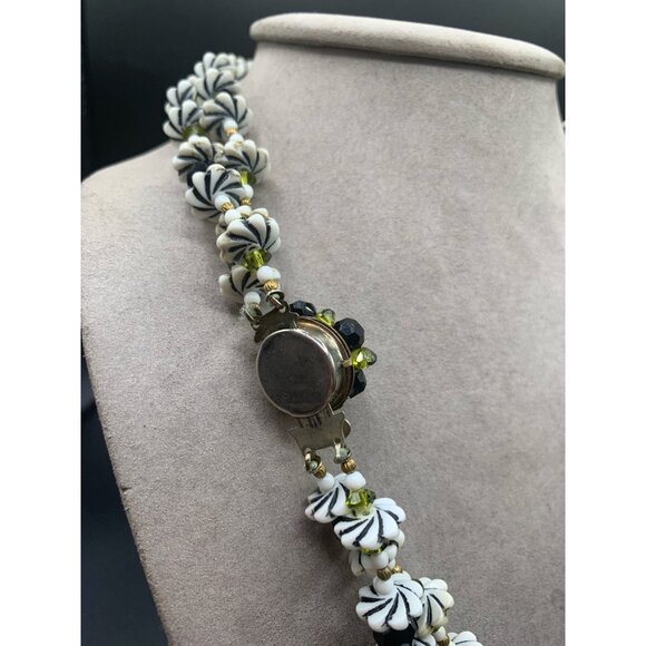 Double Strand Retro Necklace Flower Beads Plastic Glass Green White Black Gold - Picture 9 of 10